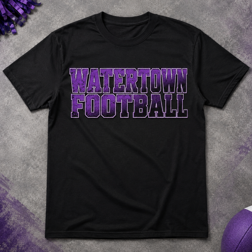 Watertown Football purple and black graphic tee on a black shirt