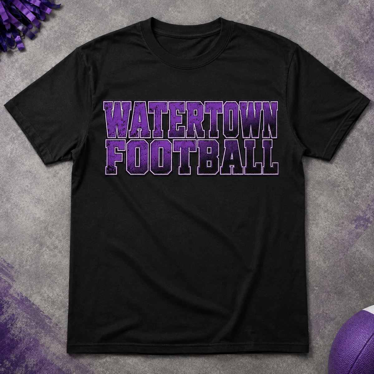 Watertown Football purple and black graphic tee on a black shirt