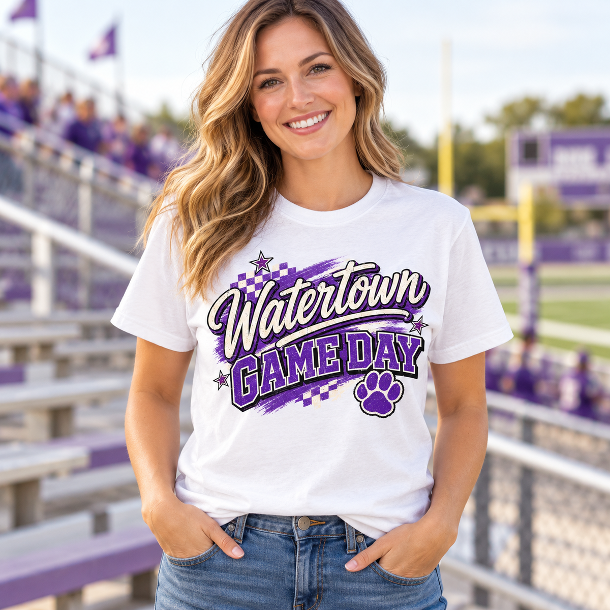 Model wearing Watertown Game Day Graphic Tee – Tigers School Spirit Shirt