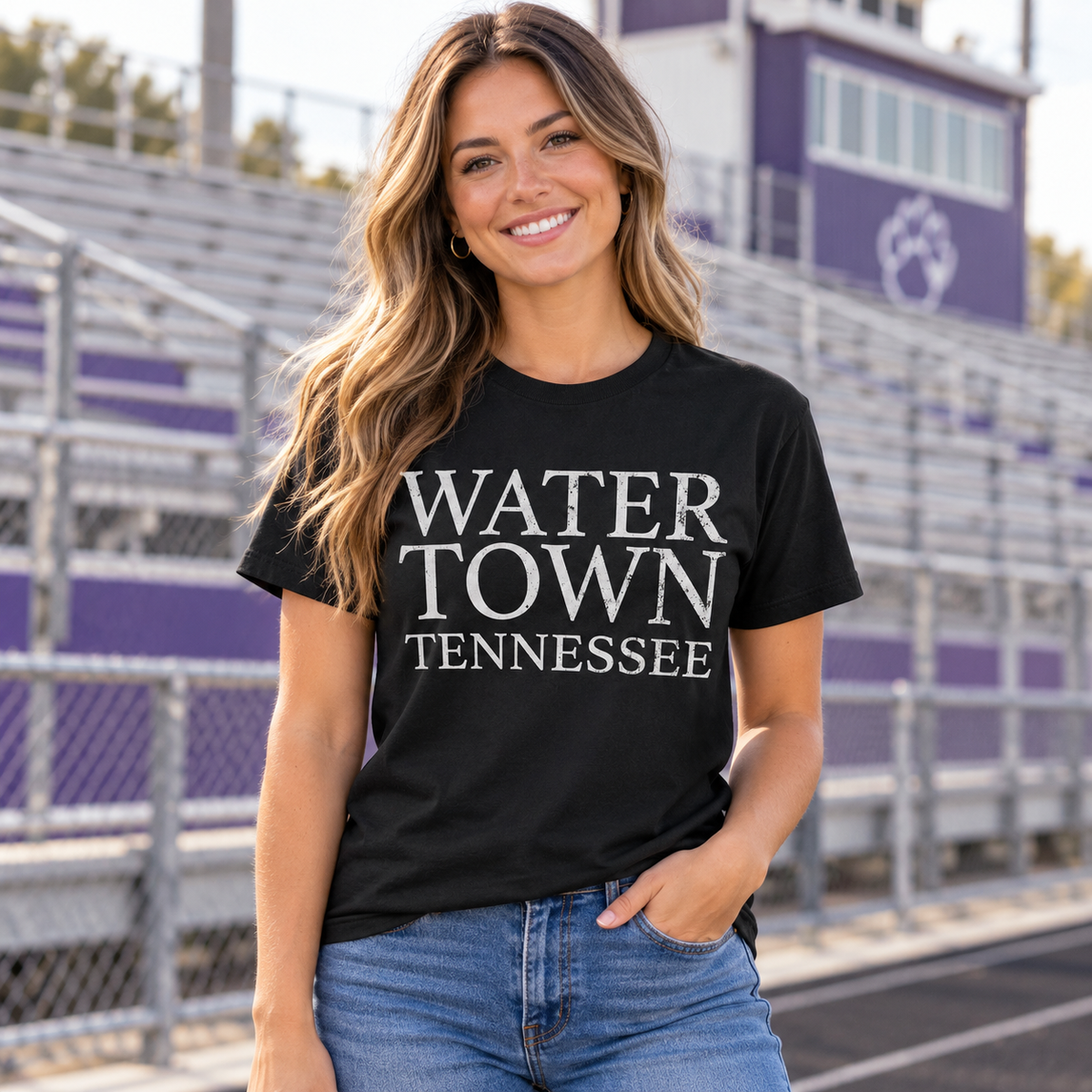 Model wearing Watertown Tennessee Block Graphic Tee – Local Shirt