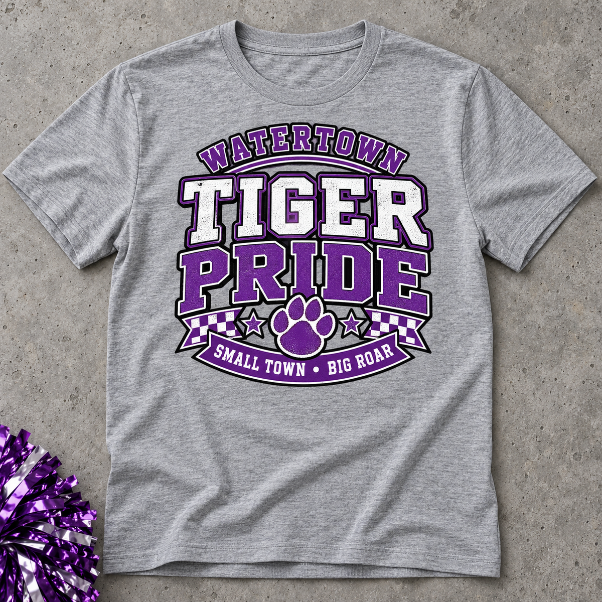 Watertown Tiger Pride Small Town Big Roar graphic on a heather gray tee flat lay