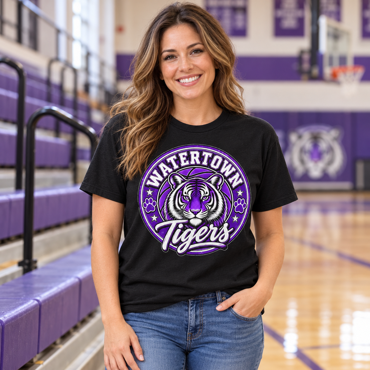 Model wearing Watertown Tigers Basketball Circle Graphic Tee – School Spirit Shirt