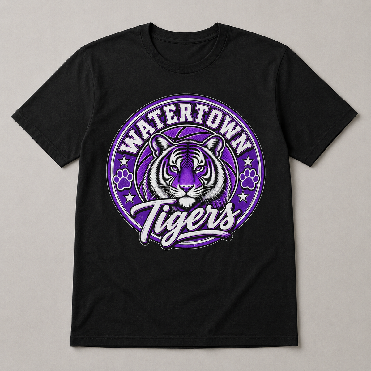 Watertown Tigers basketball circle graphic tee on black shirt