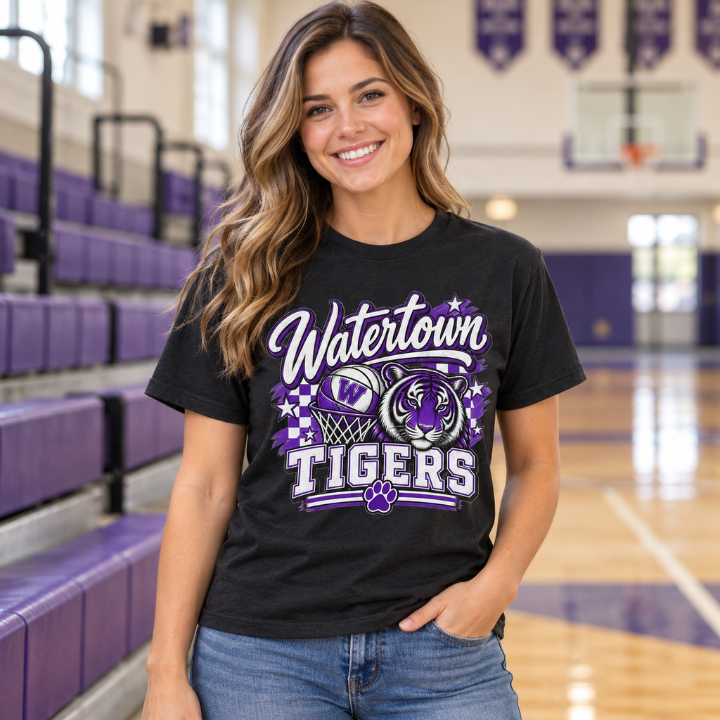 Model wearing Watertown Tigers Basketball Mascot Graphic Tee – School Spirit Shirt