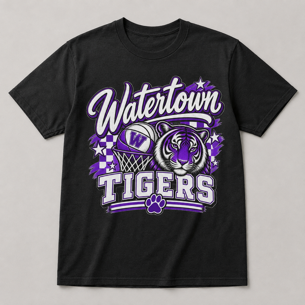 Watertown Tigers basketball mascot graphic tee on black shirt