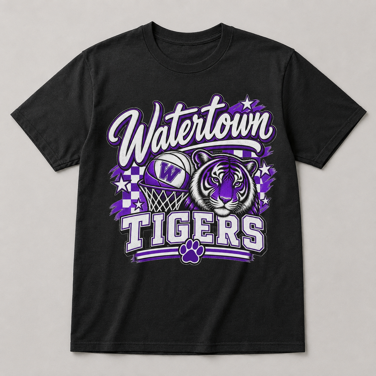 Watertown Tigers basketball mascot graphic tee on black shirt