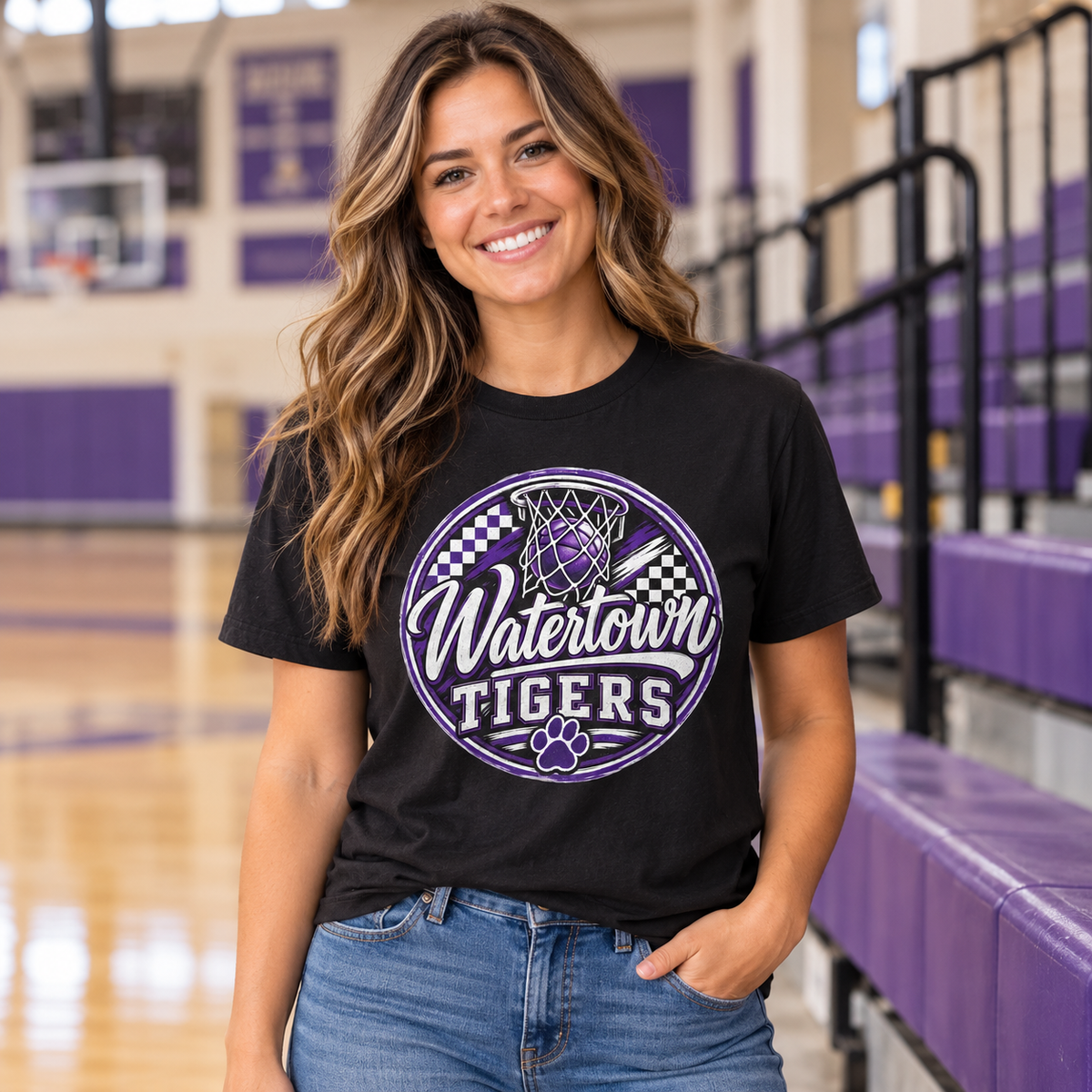 Model wearing Watertown Tigers Checkered Basketball Graphic Tee – School Spirit Shirt