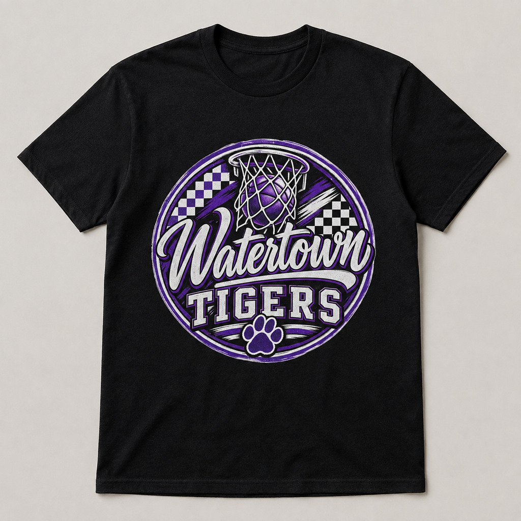 Watertown Tigers checkered basketball graphic tee on black shirt