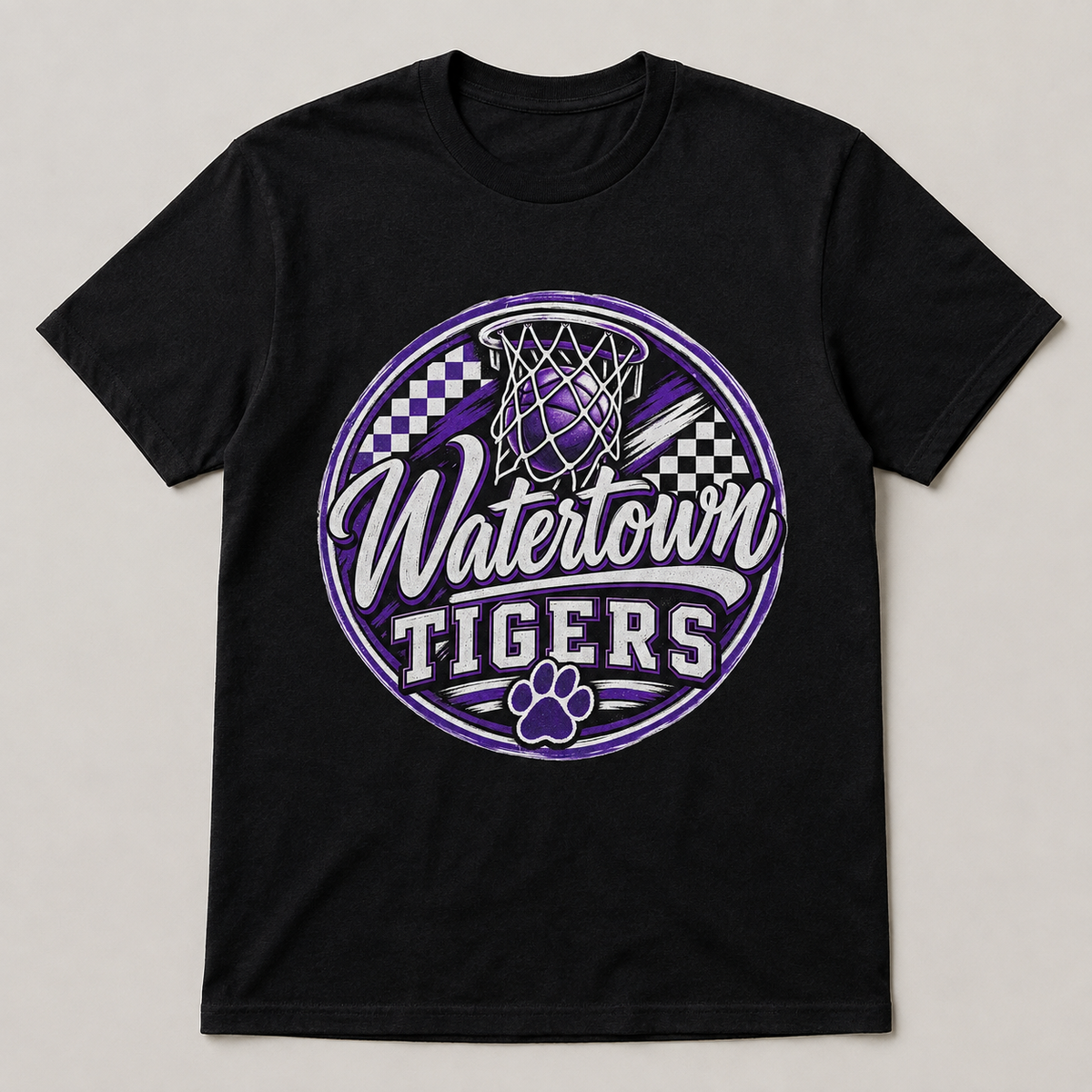 Watertown Tigers checkered basketball graphic tee on black shirt
