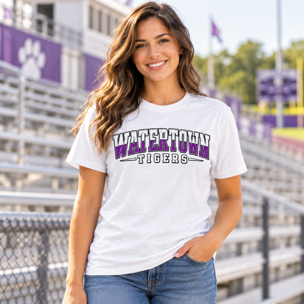 Model wearing Watertown Tigers Collegiate Graphic Tee – School Spirit Shirt