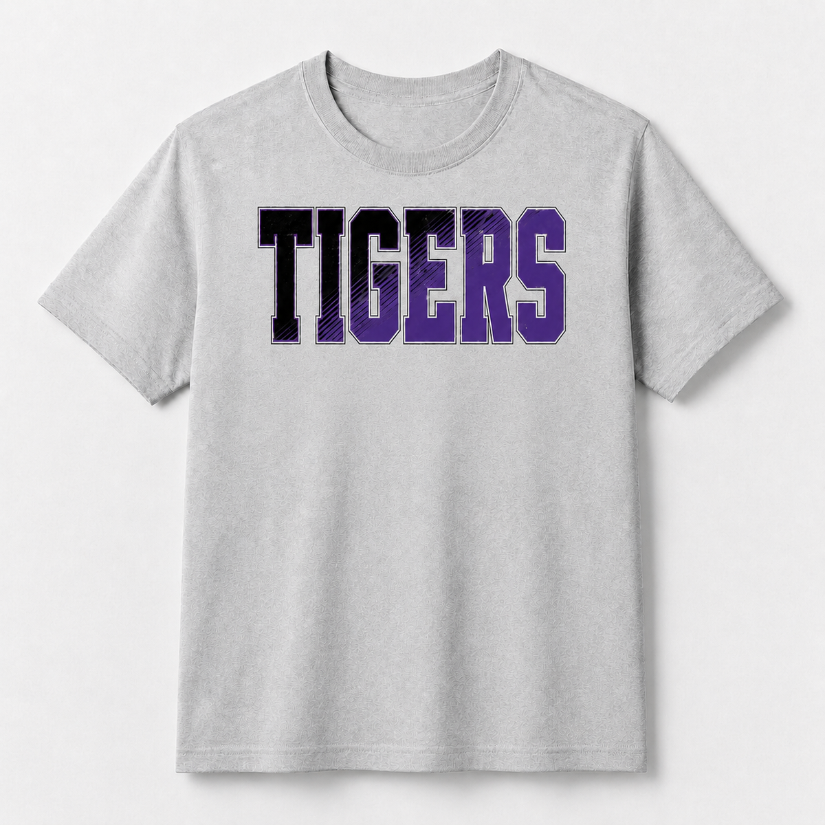 Watertown Tigers black and purple graphic tee on ash gray with upper-chest placement