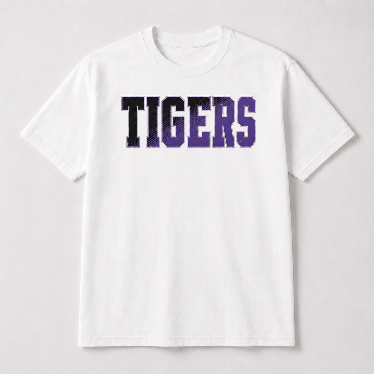 Watertown Tigers black and purple graphic tee on white with upper-chest placement