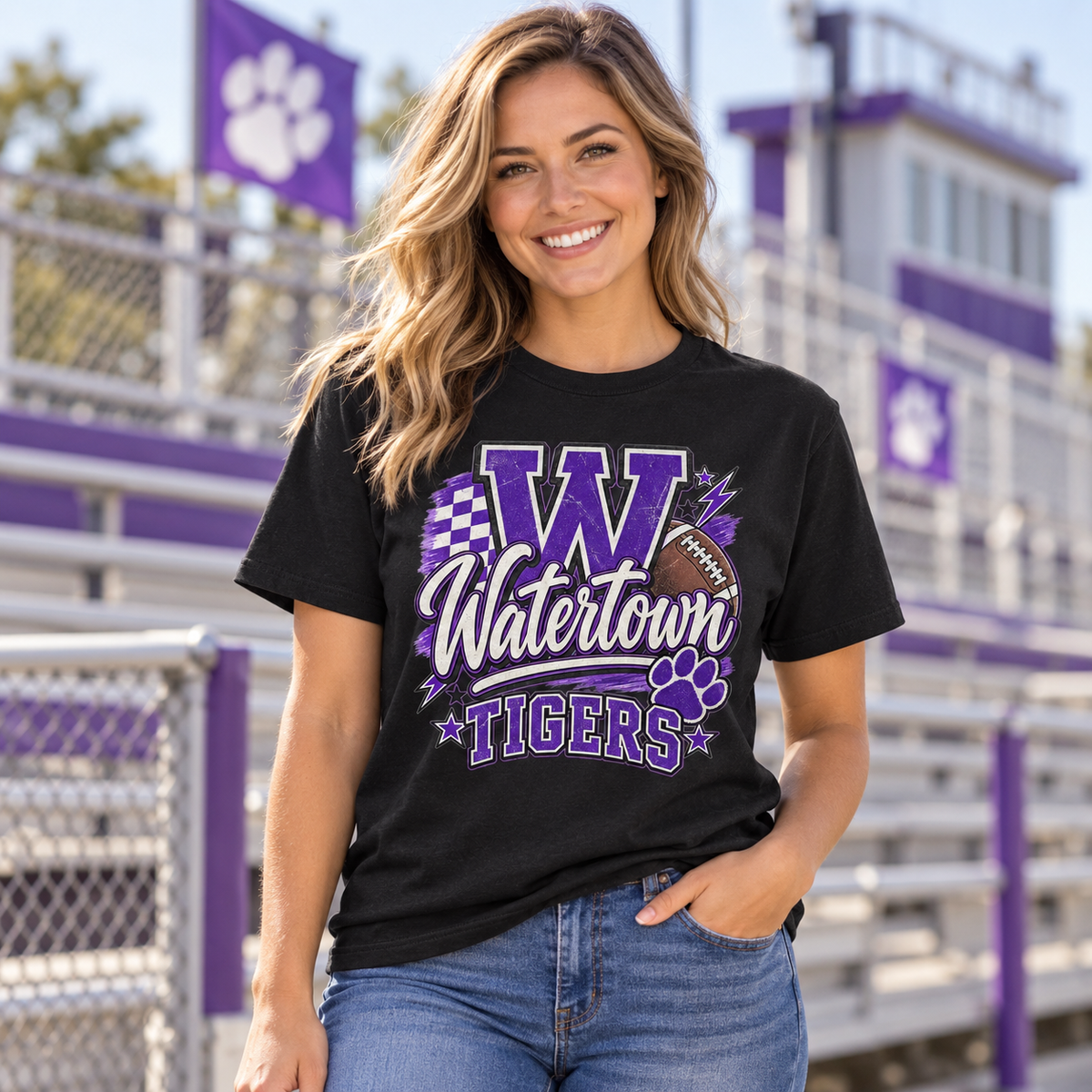 Model wearing Watertown Tigers Football Graphic Tee – School Spirit Shirt