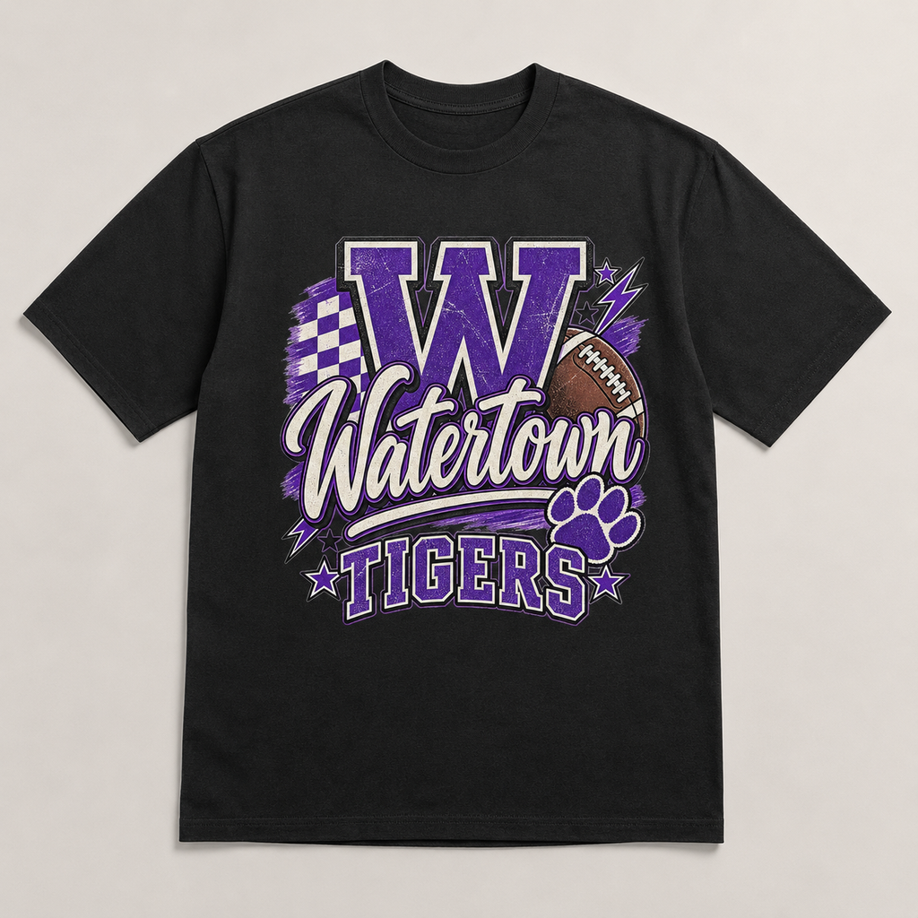 Watertown Tigers football graphic tee on black shirt