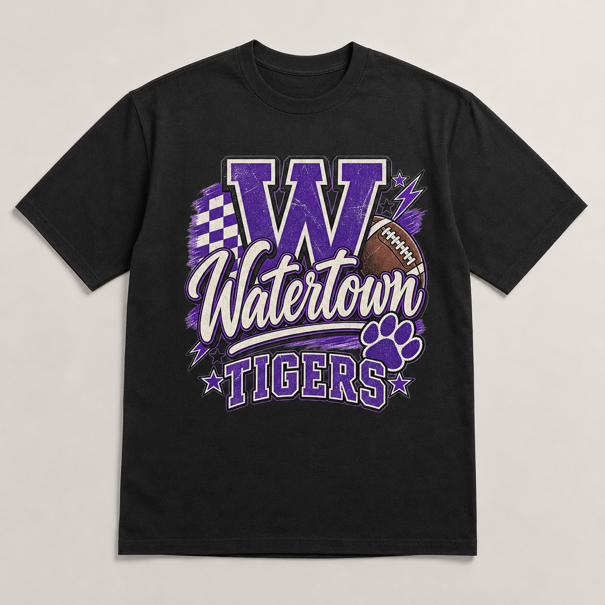 Watertown Tigers football graphic tee on black shirt
