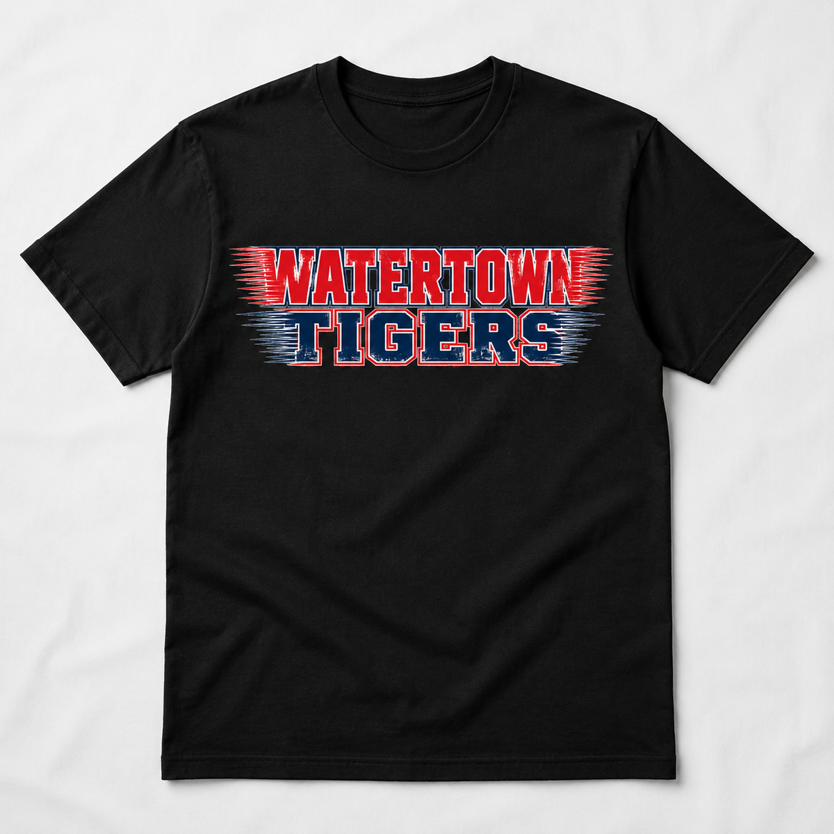 Watertown Tigers patriotic red white and blue graphic tee on black shirt