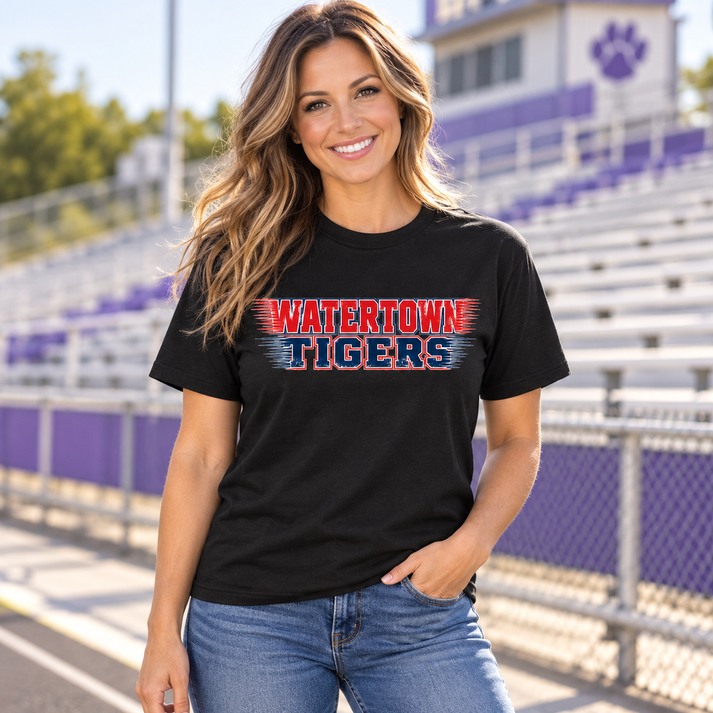 Model wearing Watertown Tigers Patriotic Graphic Tee – Red White & Blue