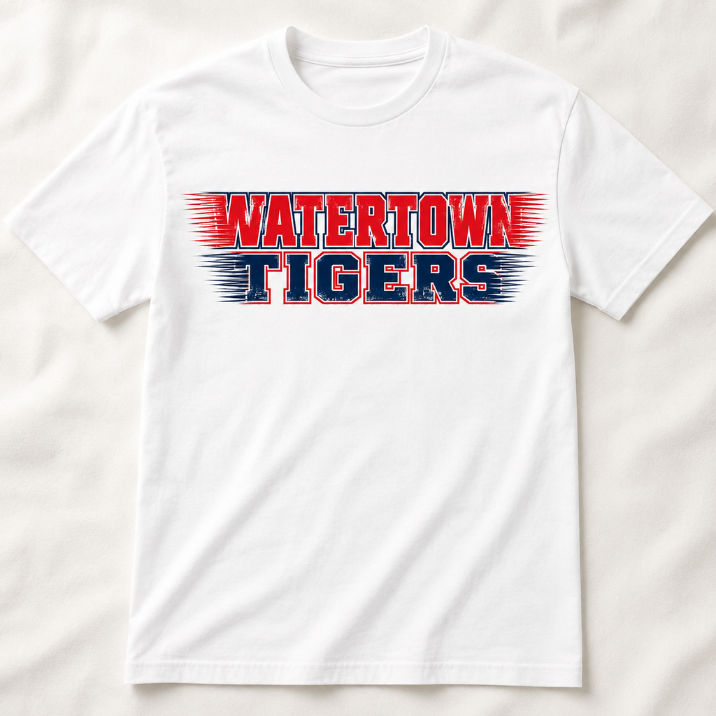 Watertown Tigers patriotic red white and blue graphic tee on white shirt