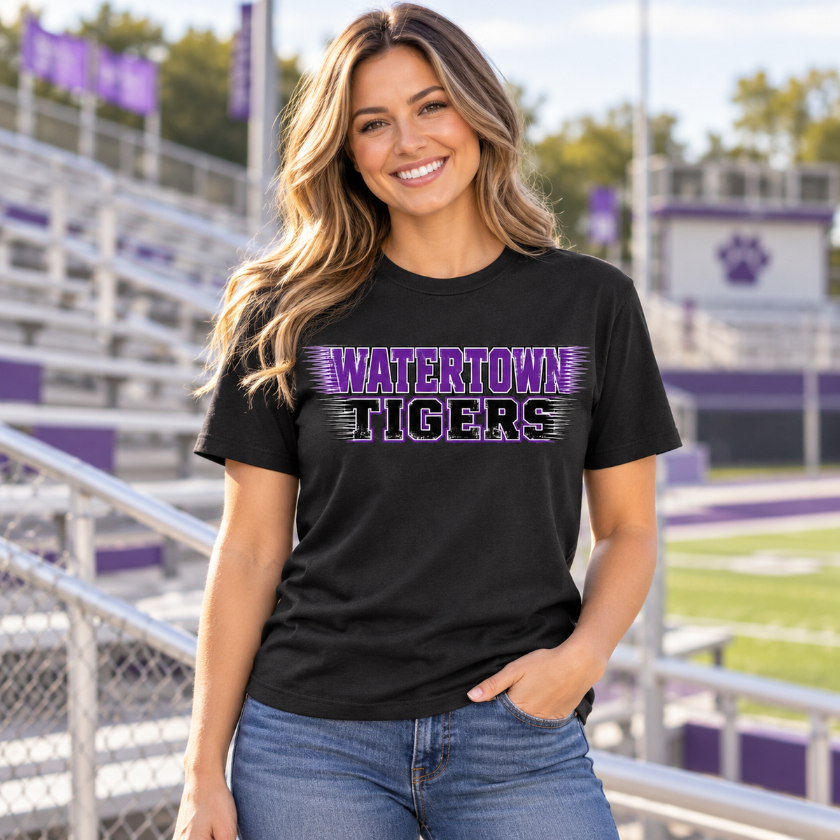 Model wearing Watertown Tigers Purple & Black Speedline Graphic Tee