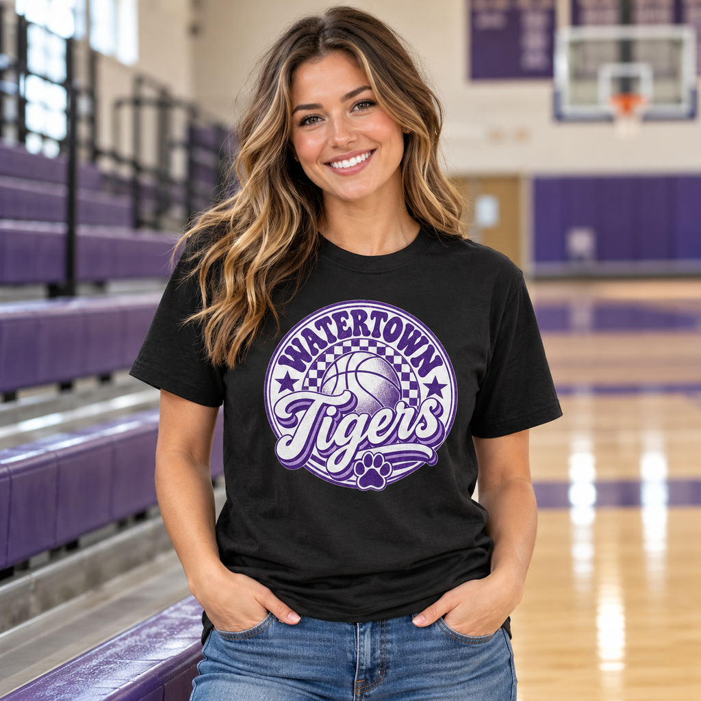 Model wearing Watertown Tigers Retro Basketball Graphic Tee – School Spirit Shirt