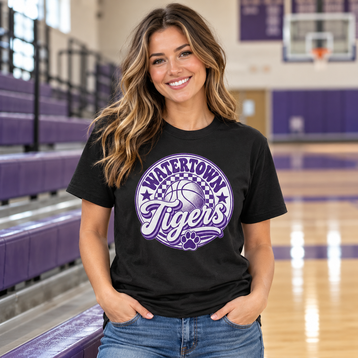 Model wearing Watertown Tigers Retro Basketball Graphic Tee – School Spirit Shirt