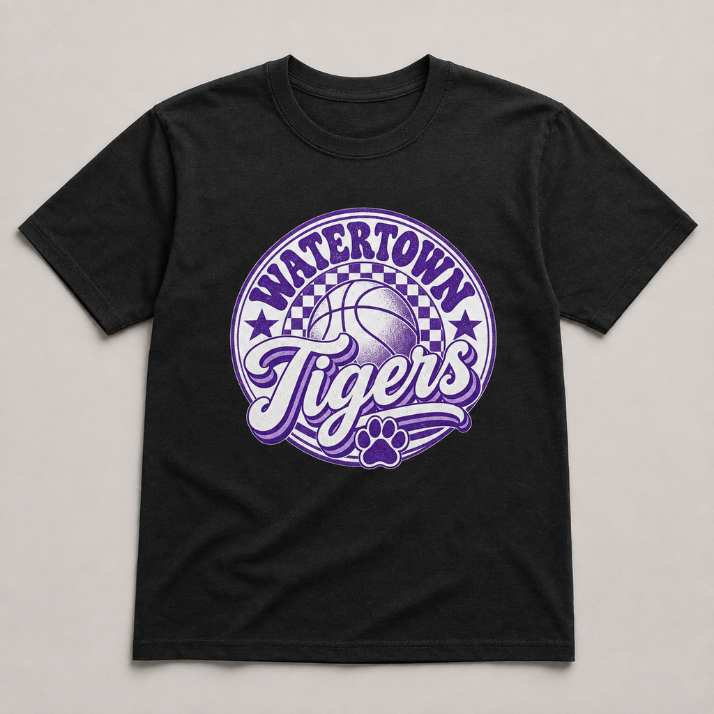 Watertown Tigers retro basketball graphic tee on black shirt