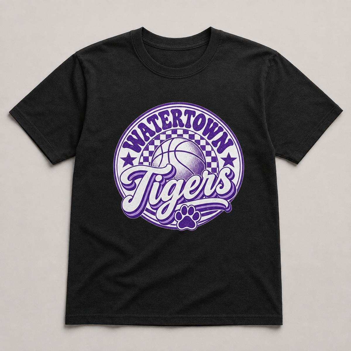 Watertown Tigers retro basketball graphic tee on black shirt