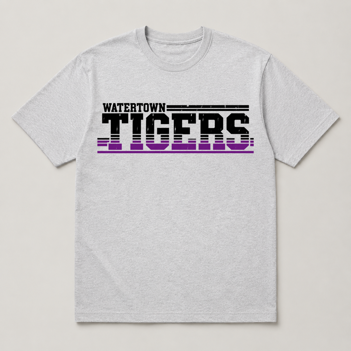 Watertown Tigers retro stripe graphic tee on an ash gray shirt