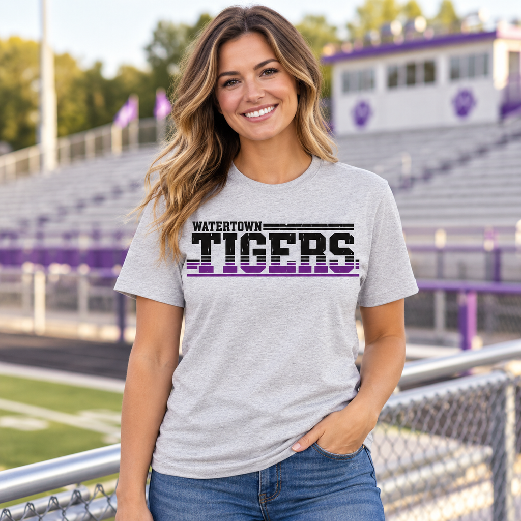 Model wearing Watertown Tigers Retro Stripe Graphic Tee – School Spirit Shirt