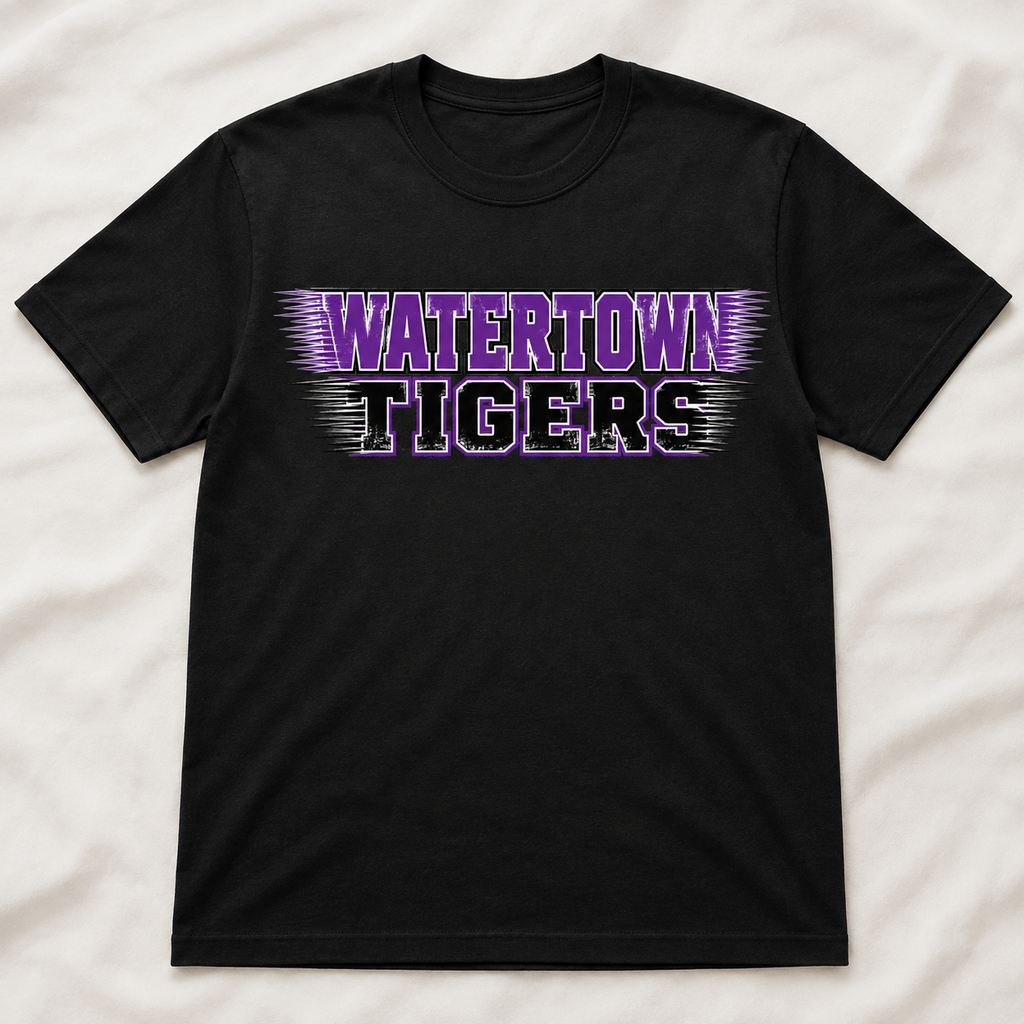 Watertown Tigers purple and black speedline graphic tee on black shirt