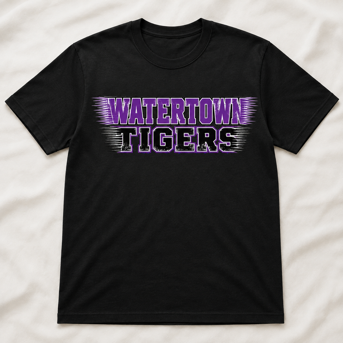 Watertown Tigers purple and black speedline graphic tee on black shirt