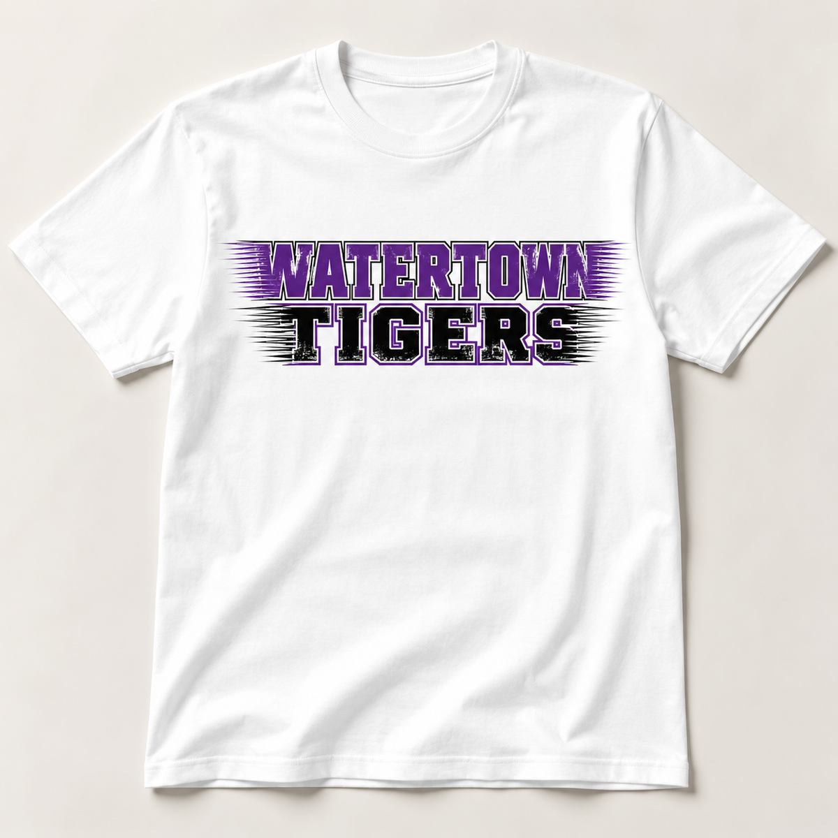Watertown Tigers purple and black speedline graphic tee on white shirt
