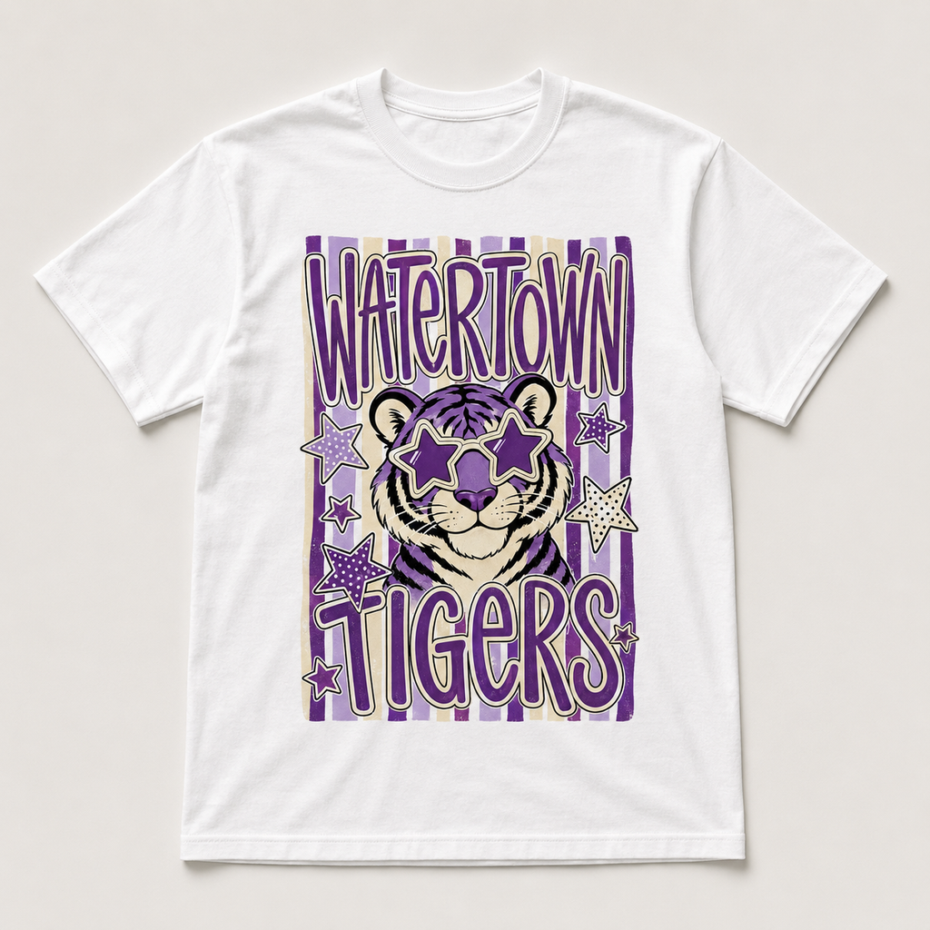 Watertown Tigers star glasses graphic tee on a white shirt