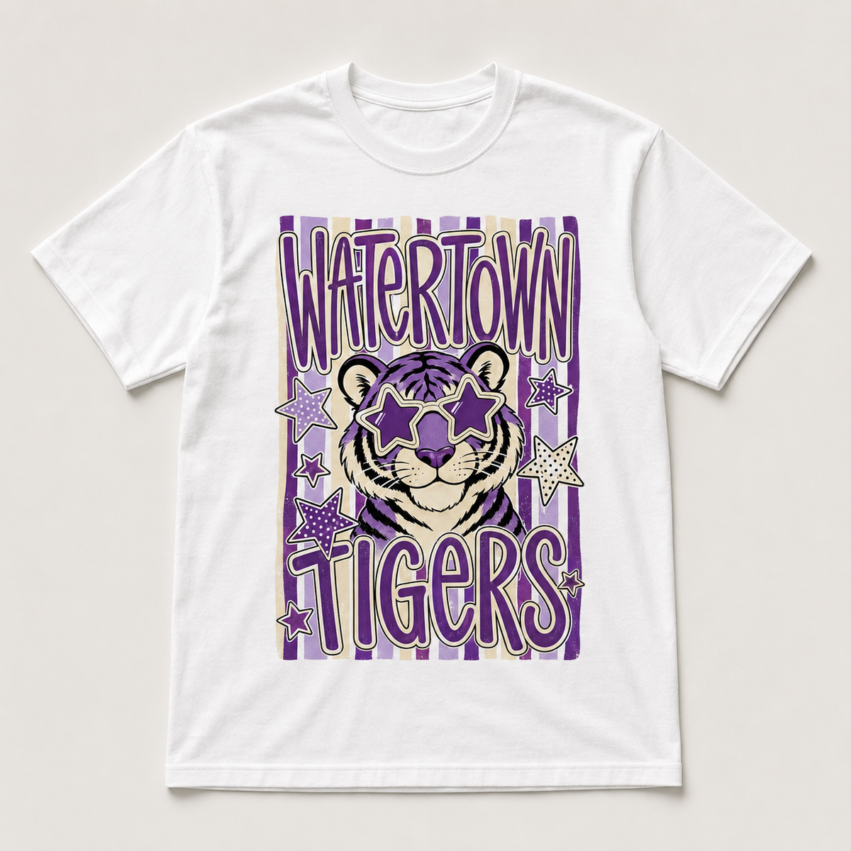 Watertown Tigers star glasses graphic tee on a white shirt