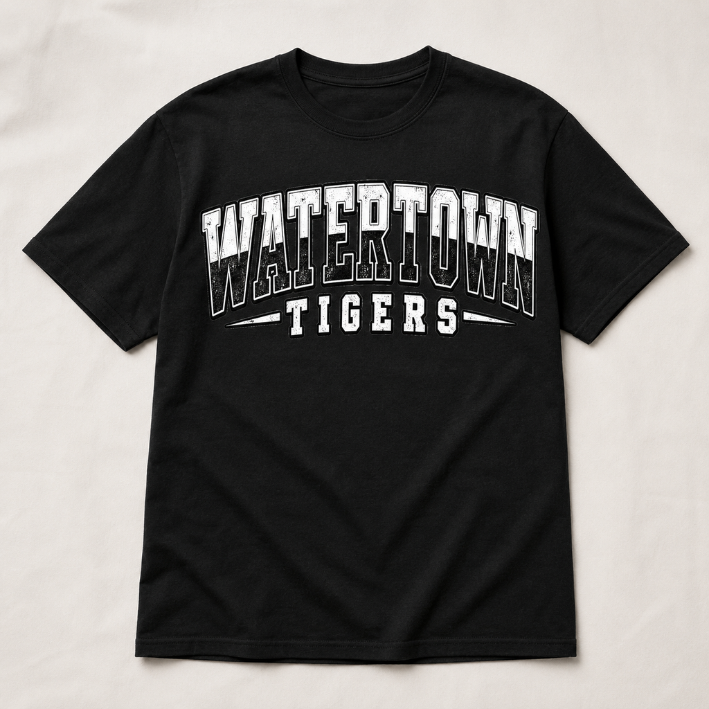 Watertown Tigers two-tone collegiate graphic tee on black shirt