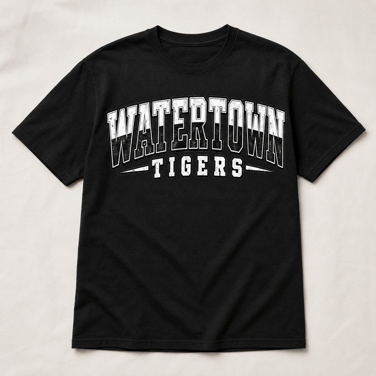 Watertown Tigers two-tone collegiate graphic tee on black shirt
