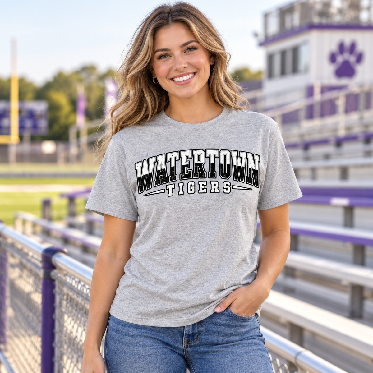 Model wearing Watertown Tigers Two-Tone Collegiate Graphic Tee – School Spirit Shirt