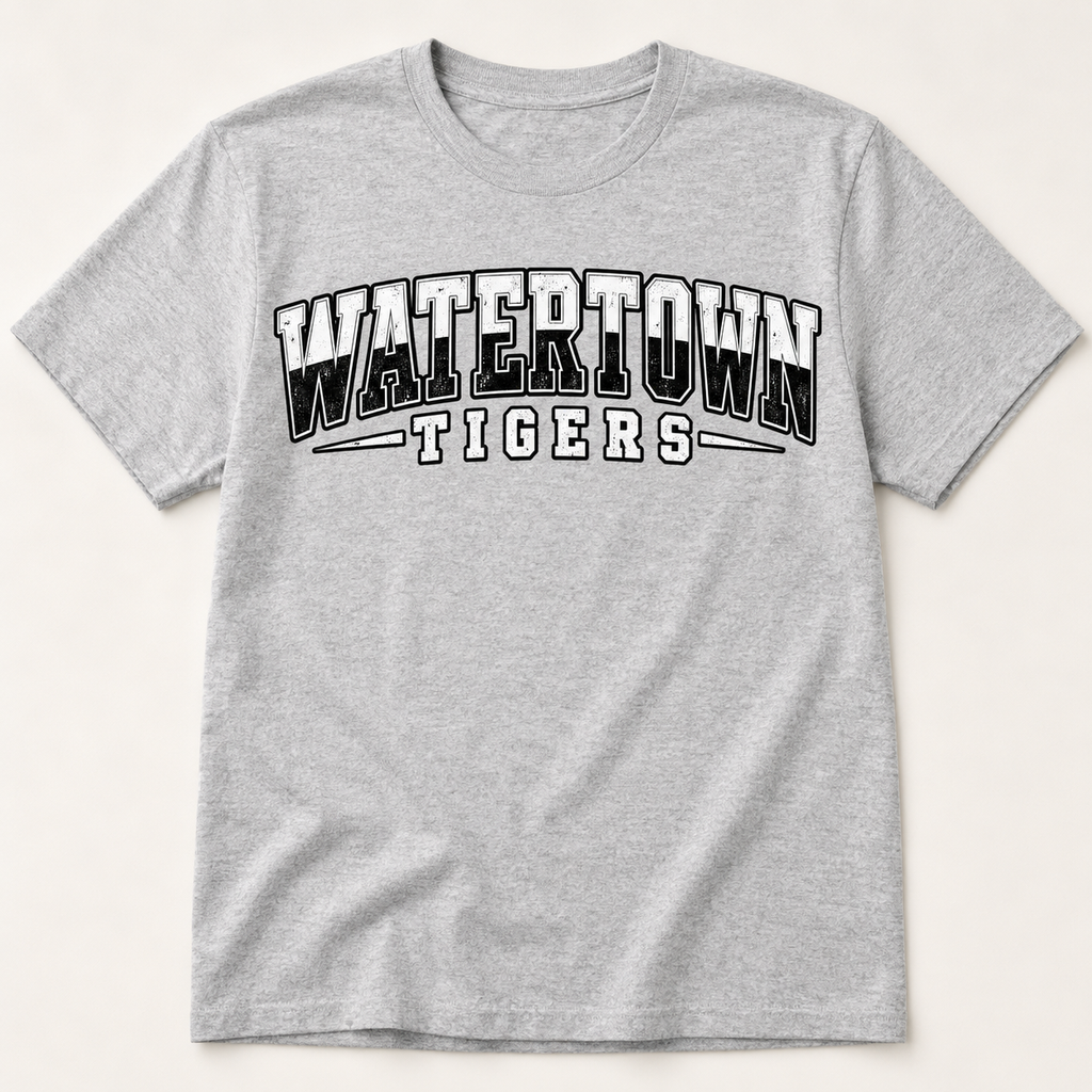 Watertown Tigers two-tone collegiate graphic tee on gray shirt