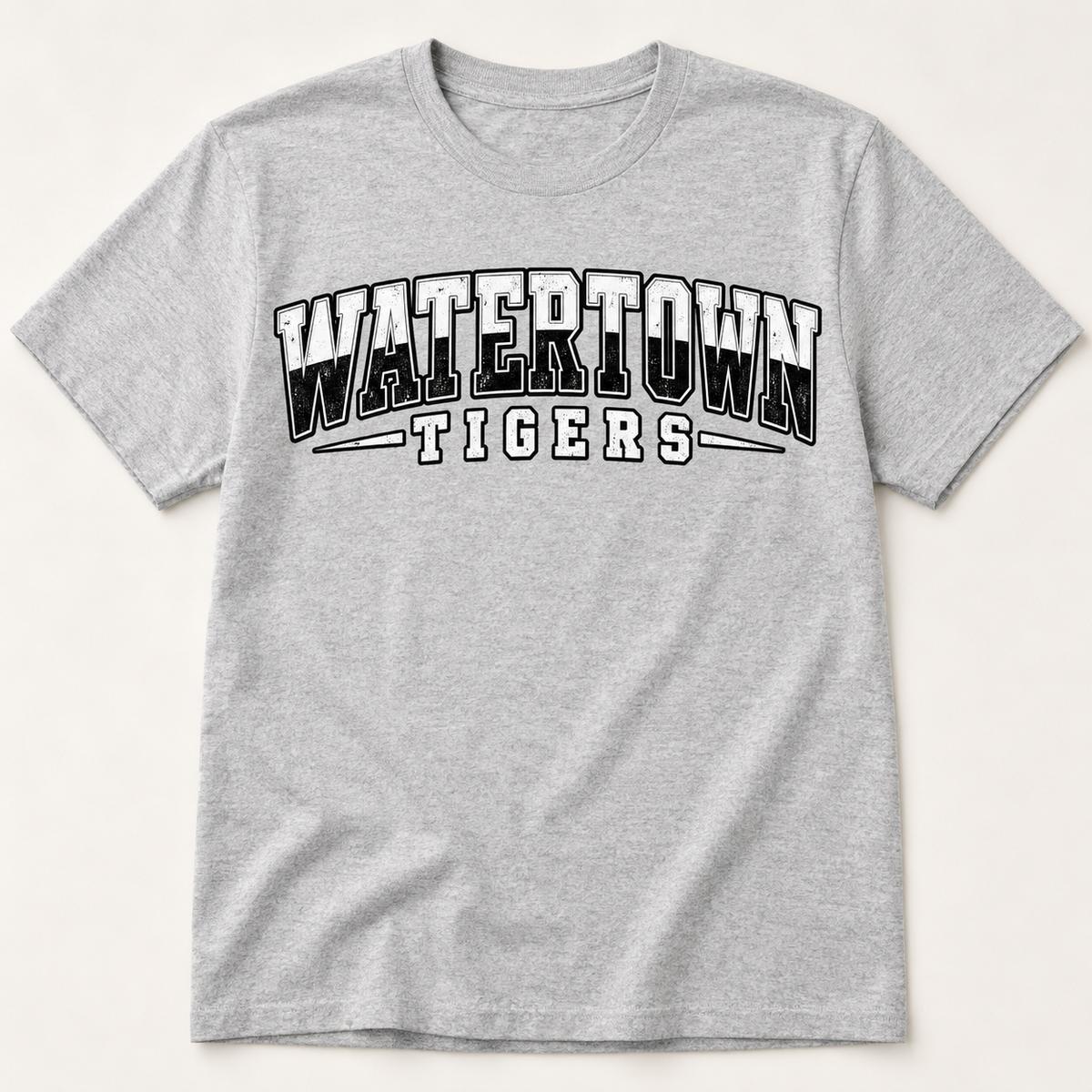 Watertown Tigers two-tone collegiate graphic tee on gray shirt