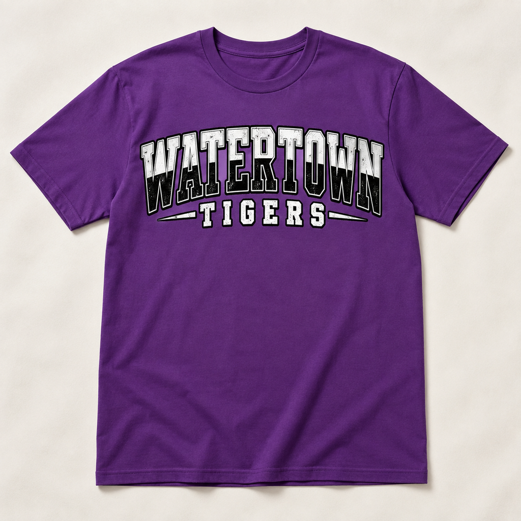 Watertown Tigers two-tone collegiate graphic tee on purple shirt