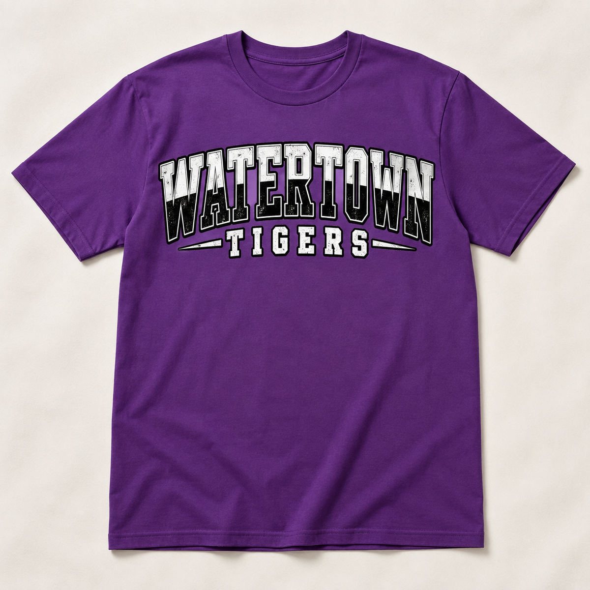 Watertown Tigers two-tone collegiate graphic tee on purple shirt