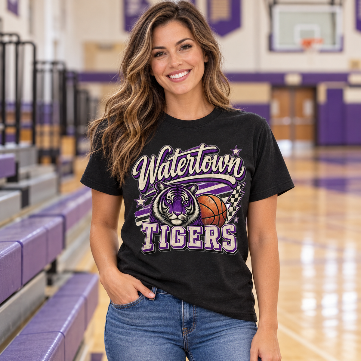 Model wearing Watertown Tigers Vintage Basketball Graphic Tee – School Spirit Shirt