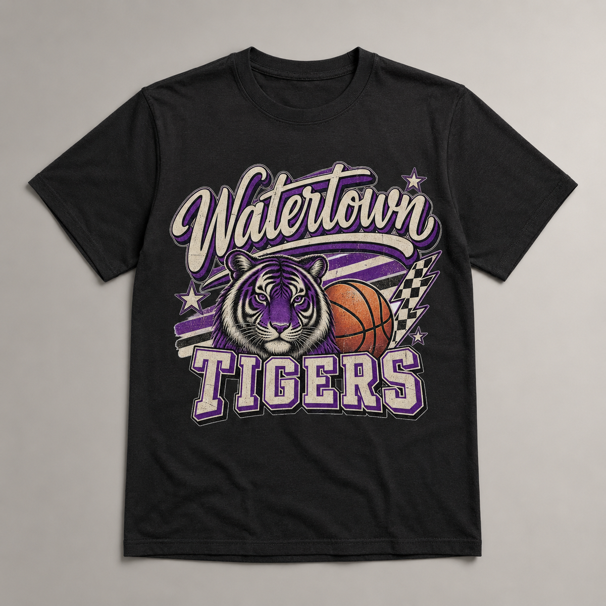 Watertown Tigers vintage basketball graphic tee on black shirt